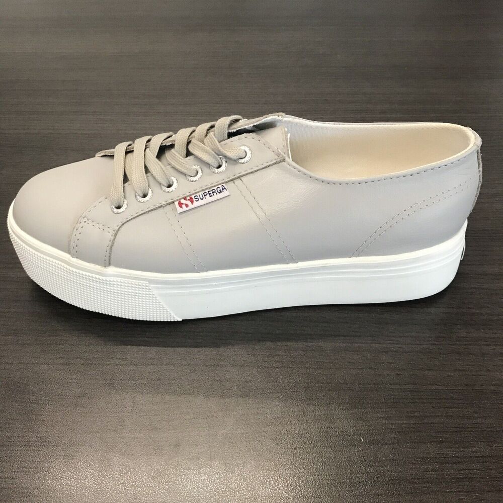 Superga Gray Leather‎ Casual Lace Up White Soles Platform Sneaker Shoes Women 10